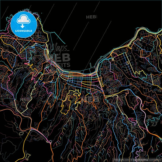 Valparaiso, Chile, colorful city map on black background