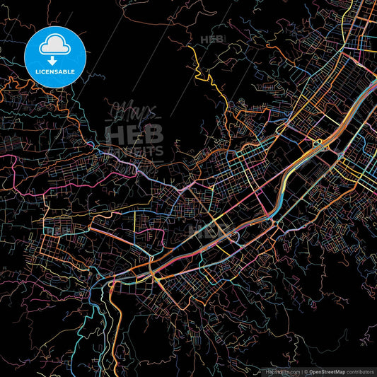 Itaguei, Colombia, colorful city map on black background