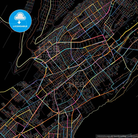 Tacna, Peru, colorful city map on black background