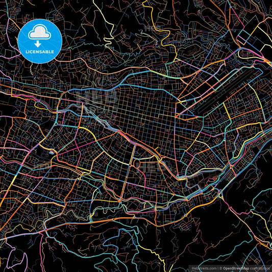 Cuenca, Ecuador, colorful city map on black background