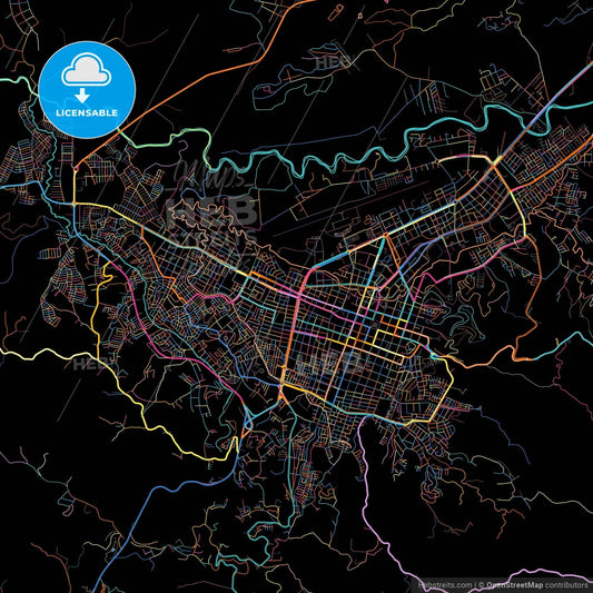 Popayan, Colombia, colorful city map on black background