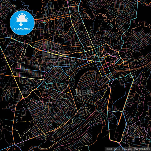 Rio Branco, Brazil, colorful city map on black background