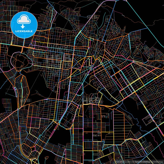 Vitoria da Conquista, Brazil, colorful city map on black background