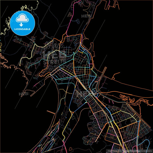 Talcahuano, Chile, colorful city map on black background