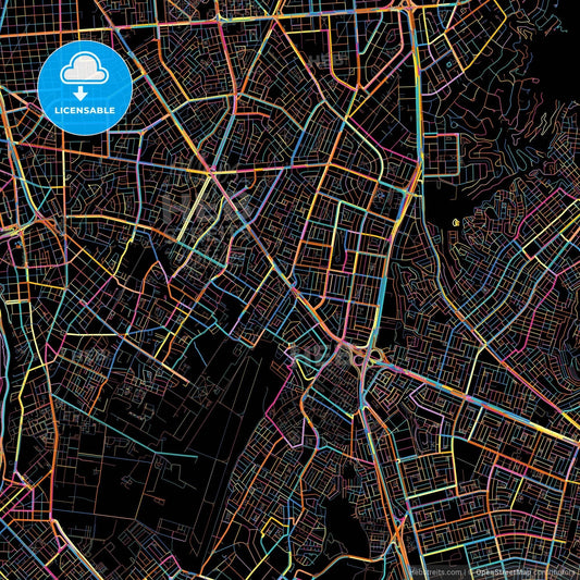 Santiago de Surco, Peru, colorful city map on black background