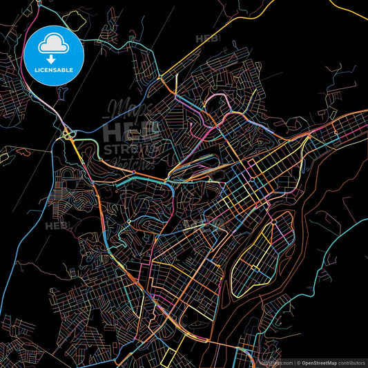 Governador Valadares, Brazil, colorful city map on black background