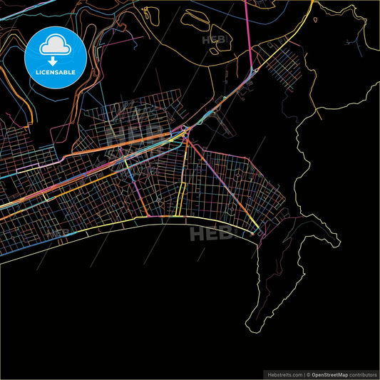Praia Grande, Brazil, colorful city map on black background