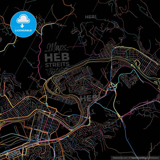 Volta Redonda, Brazil, colorful city map on black background