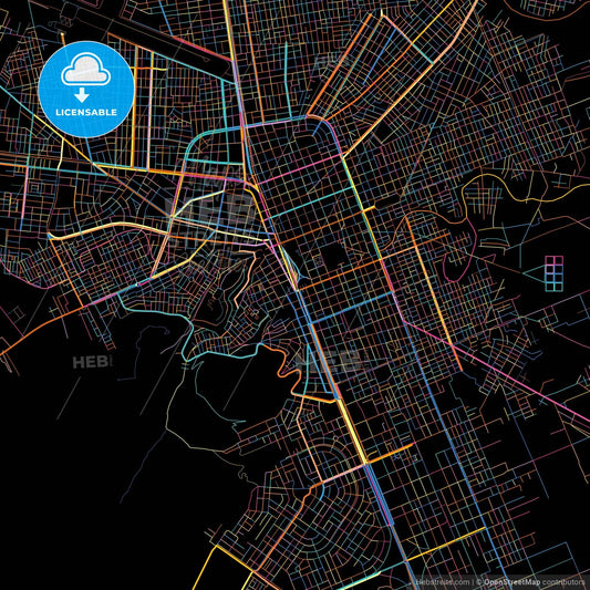 Juliaca, Peru, colorful city map on black background