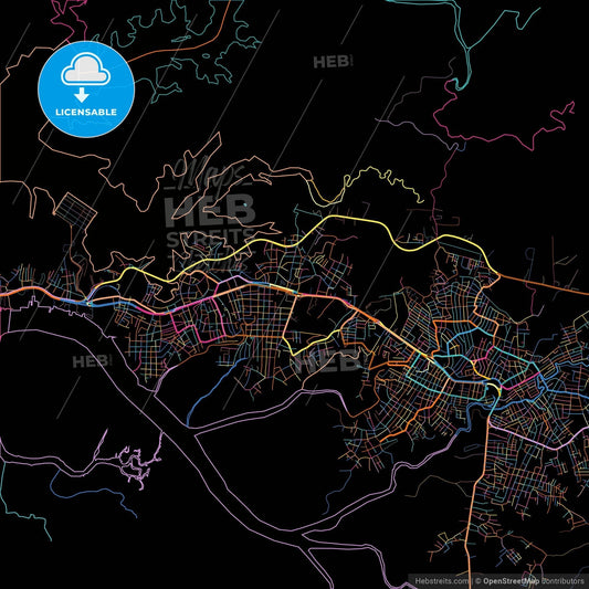 Buenaventura, Colombia, colorful city map on black background
