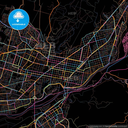 Temuco, Chile, colorful city map on black background