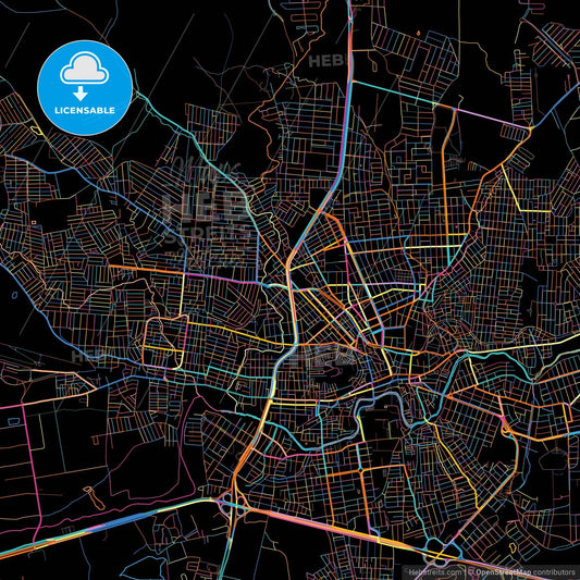 Caruaru, Brazil, colorful city map on black background