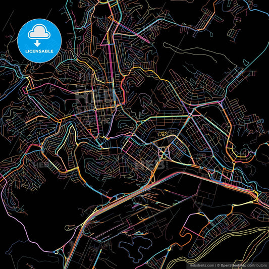 Ipatinga, Brazil, colorful city map on black background