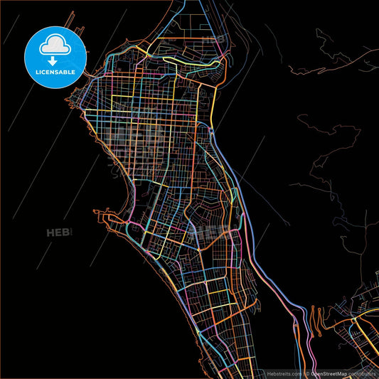 Iquique, Chile, colorful city map on black background