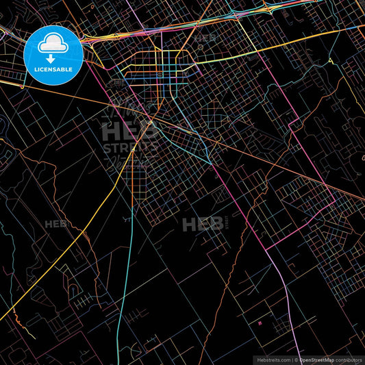 Pilar, Argentina, colorful city map on black background