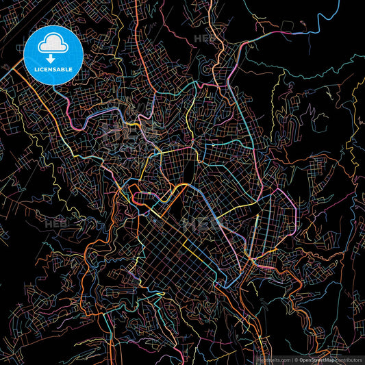 Sucre, Bolivia, colorful city map on black background