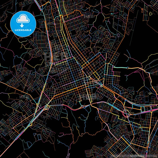 Marilia, Brazil, colorful city map on black background