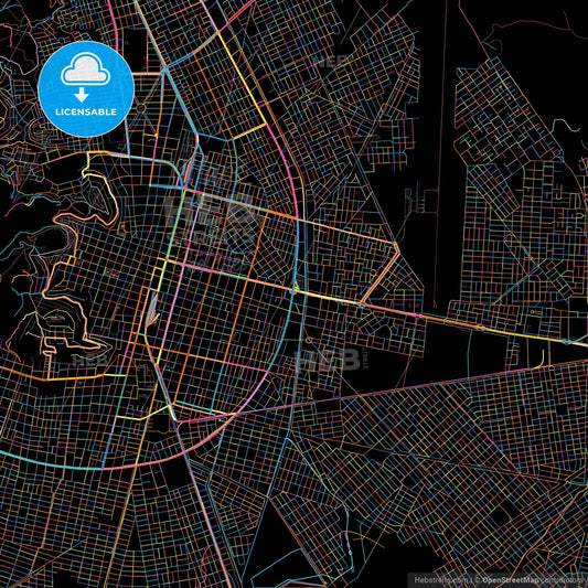 Oruro, Bolivia, colorful city map on black background