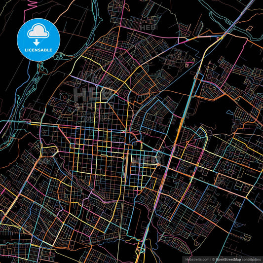 Talca, Chile, colorful city map on black background