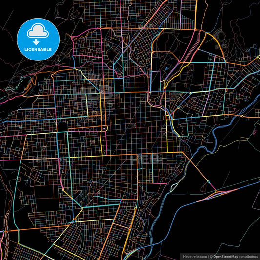 San Fernando del Valle de Catamarca, Argentina, colorful city map on black background