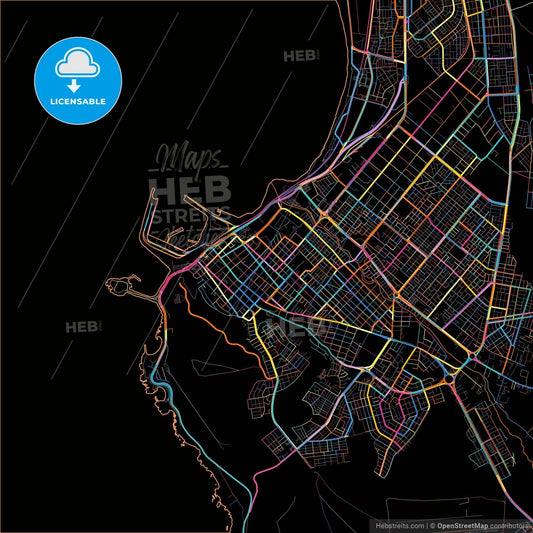 Arica, Chile, colorful city map on black background