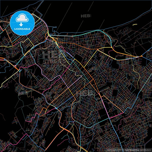 Manta, Ecuador, colorful city map on black background