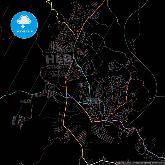Cua, Venezuela, colorful city map on black background