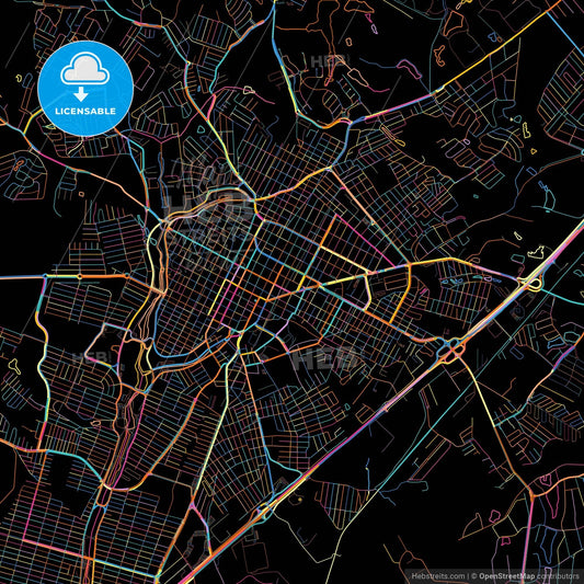 Indaiatuba, Brazil, colorful city map on black background