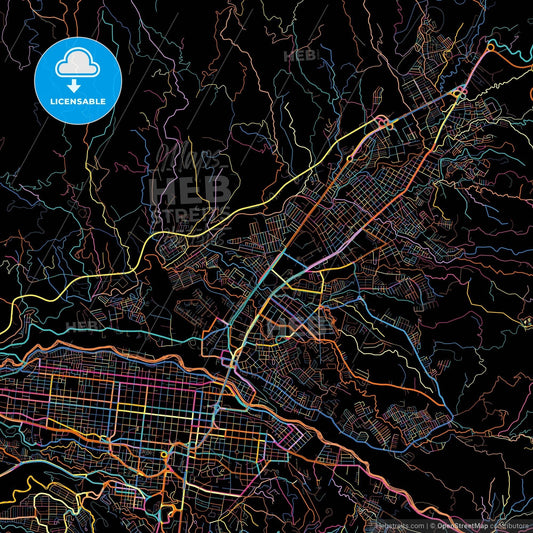 Dosquebradas, Colombia, colorful city map on black background