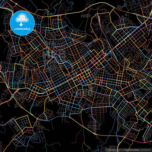 Passo Fundo, Brazil, colorful city map on black background