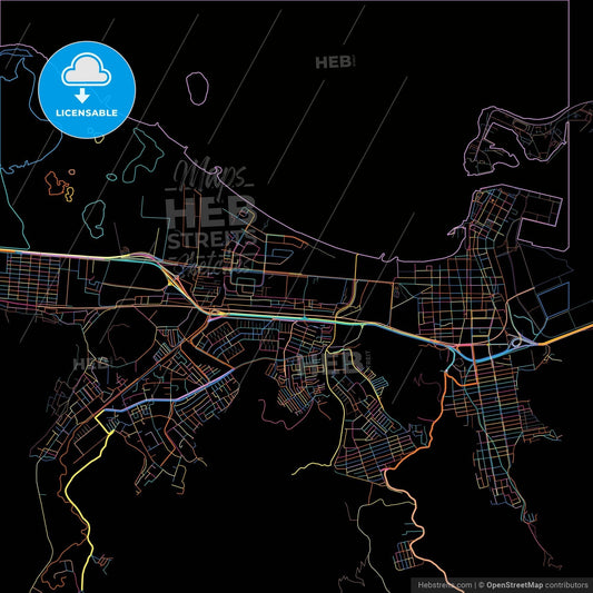 Puerto Cabello, Venezuela, colorful city map on black background