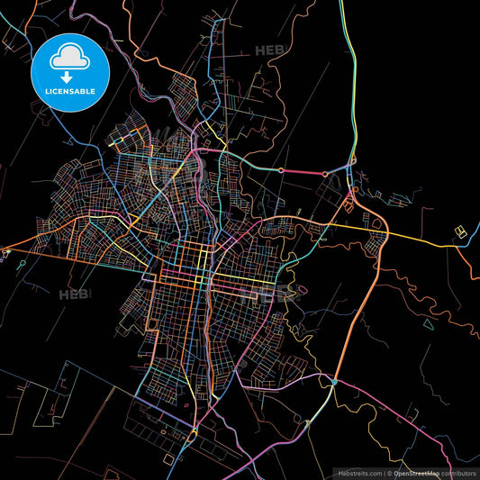 Tulua, Colombia, colorful city map on black background