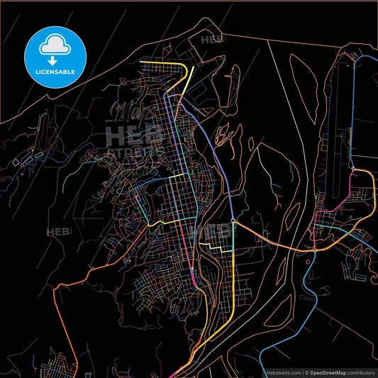 Esmeraldas, Ecuador, colorful city map on black background