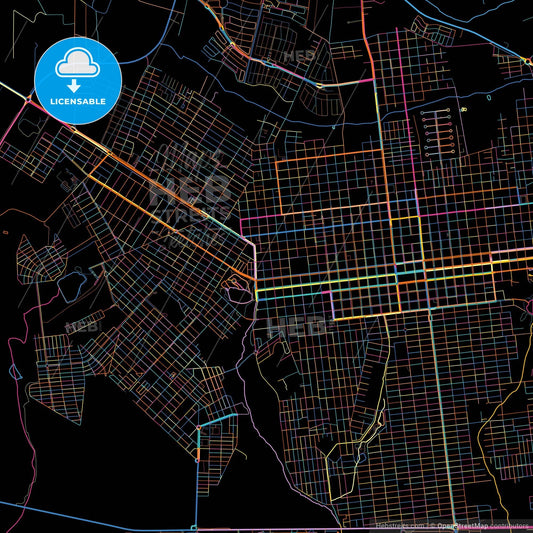 Dourados, Brazil, colorful city map on black background