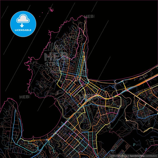 Coquimbo, Chile, colorful city map on black background