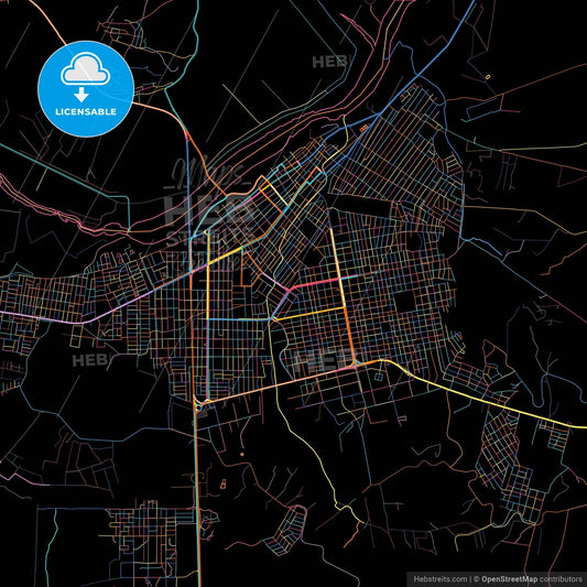 Sullana, Peru, colorful city map on black background