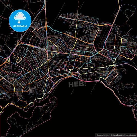 Puerto Montt, Chile, colorful city map on black background