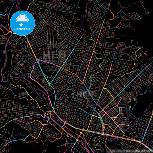 Tarija, Bolivia, colorful city map on black background