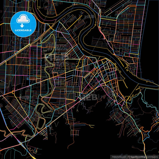 Itajai, Brazil, colorful city map on black background