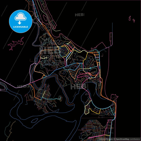 Ilheus, Brazil, colorful city map on black background