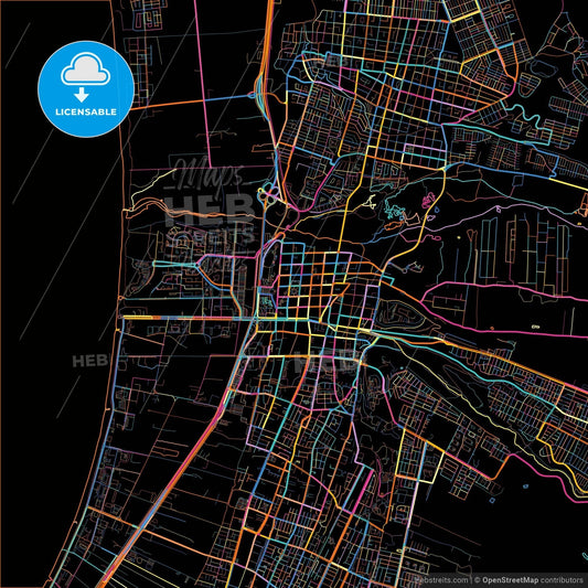 La Serena, Chile, colorful city map on black background