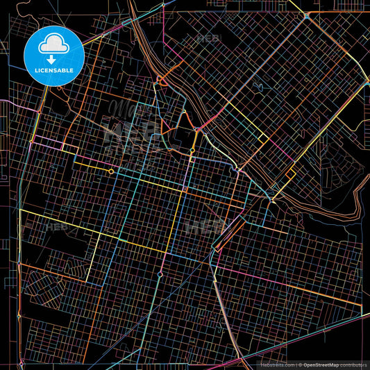 Rio Cuarto, Argentina, colorful city map on black background