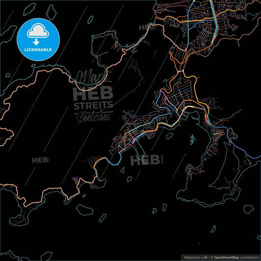 Angra dos Reis, Brazil, colorful city map on black background
