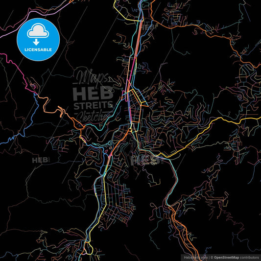 Nova Friburgo, Brazil, colorful city map on black background