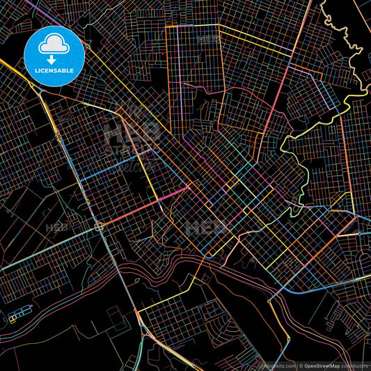 Rondonopolis, Brazil, colorful city map on black background
