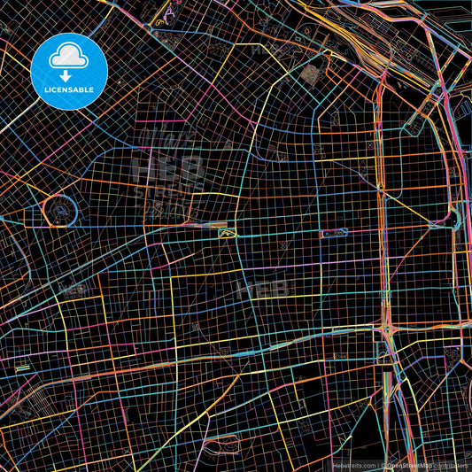 Balvanera, Argentina, colorful city map on black background