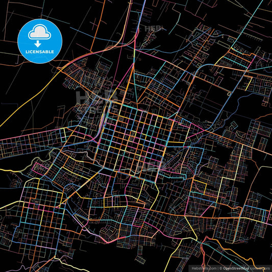 Chillan, Chile, colorful city map on black background