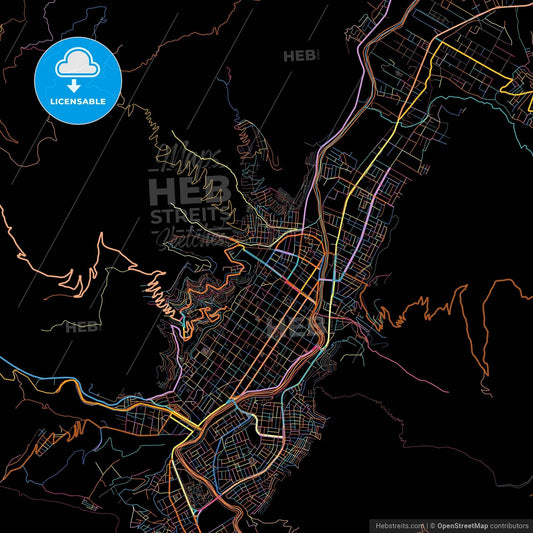 Huanuco, Peru, colorful city map on black background