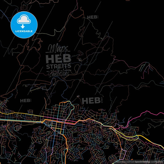 Pocos de Caldas, Brazil, colorful city map on black background