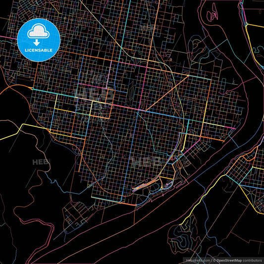Concordia, Argentina, colorful city map on black background